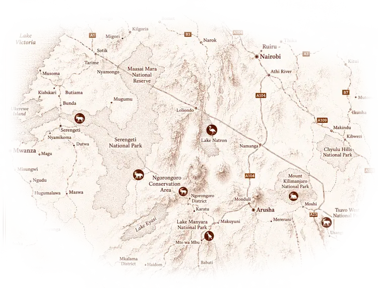 Map of Northern Tanzania showing Tarangire, Ngorongoro, Nduti and Serengeti  National Parks