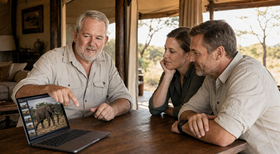 Wildlife photography workshop and image review during an African safari