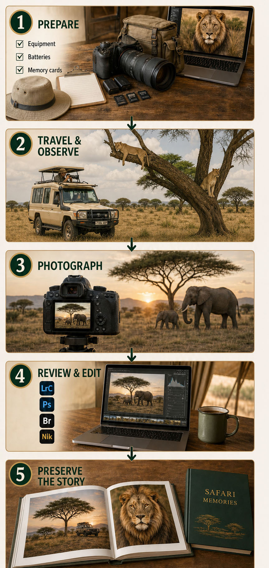 Five-stage photographic safari workshop workflow covering preparation, field observation, photography, image editing and visual storytelling