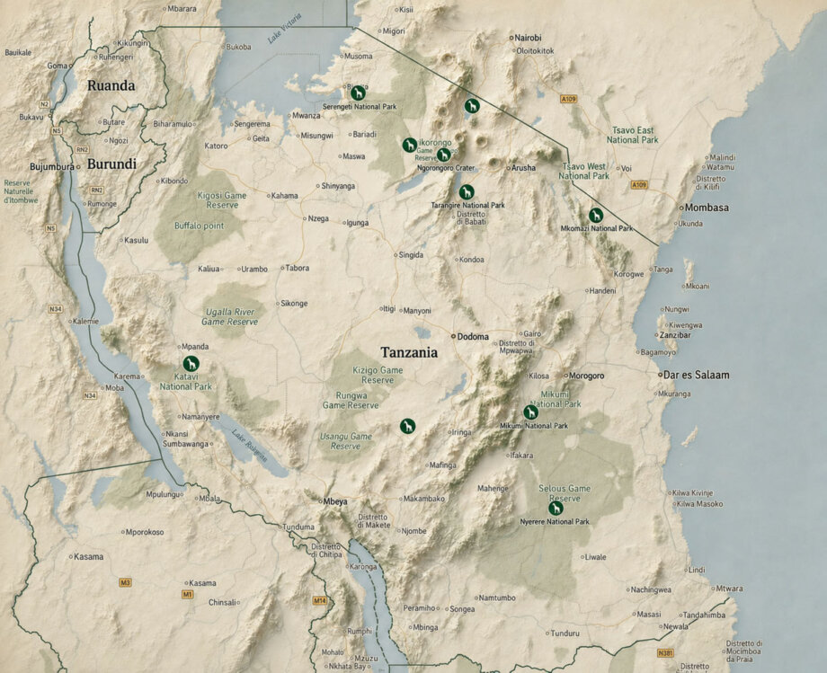 Map of Tanzania showing photographic safari destinations and national parks